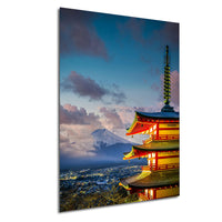 A vibrant and colorful image of a traditional Japanese pagoda, with a majestic mountain range in the background, set against a dramatic sky.