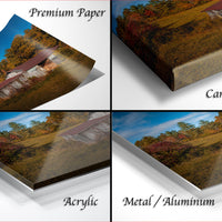 The image is a collage of four different views of a rustic cabin in a wooded area, with each view presented in a different material: premium paper, canvas wrap, acrylic, and metal/aluminum.
