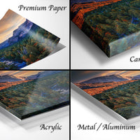 The image is a collage of four different images, each depicting a landscape scene. The images are labeled as "Premium Paper", "Canvas Wrap", "Acrylic", and "Metal/Aluminum".