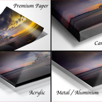 The image is a collage of four different views of a sunset over a body of water, with each view presented in a different medium: premium paper, canvas wrap, acrylic, and metal/aluminum.