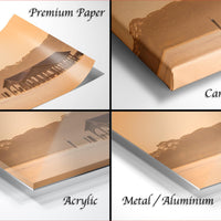 The image is a collage of four different images, each depicting a beach scene. The images are labeled as "Premium Paper", "Canvas Wrap", "Acrylic", and "Metal/Aluminum".