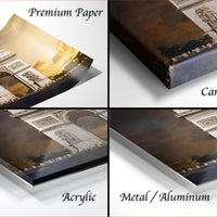 The image is a collage of four different views of the Arc de Triomphe in Paris, France, with each view showing the monument from a different angle. The collage includes a close-up view of the monument, a top-down view, a side view, and a bottom-up view. The text labels the different views as "Premium Paper", "Canvas Wrap", "Acrylic", and "Metal/Aluminum".
