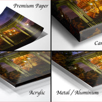 The image is a collage of four photos depicting different types of paper used for printing, including premium paper, canvas wrap, acrylic, and metal/aluminum.
