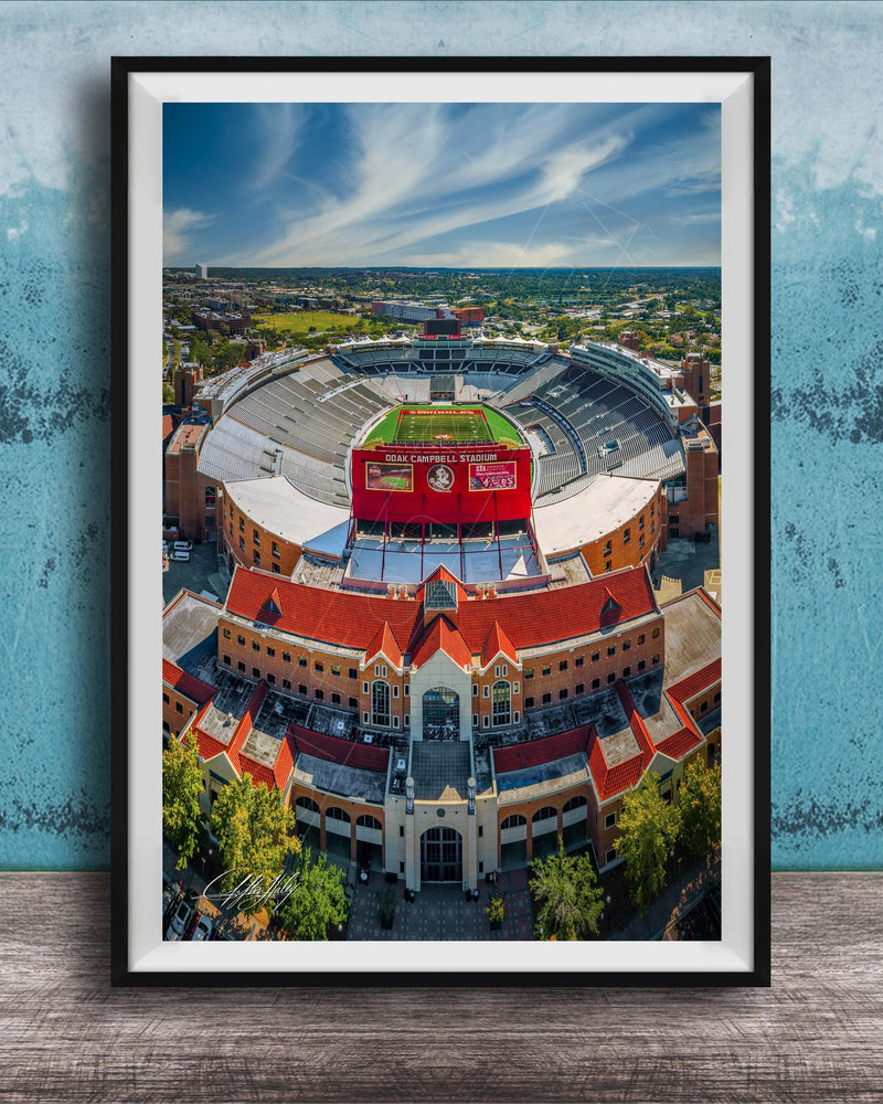 The image is an aerial view of a large stadium with a red roof, surrounded by buildings and a green field.