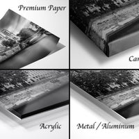 The image is a collage of four different photographs, each depicting a cityscape with buildings and trees. The photographs are labeled as "Premium Paper", "Canvas Wrap", "Acrylic", and "Metal/Aluminum".