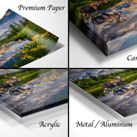 The image is a collage of four different images, each depicting a landscape scene with a horse and rider. The images are labeled as "Premium Paper", "Canvas Wrap", "Acrylic", and "Metal/Aluminum".