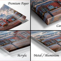 The image is a collage of four photos depicting a brick building with a clock tower, each with different text labels indicating the type of material used: "Premium Paper", "Canvas Wrap", "Acrylic", and "Metal/Aluminum".