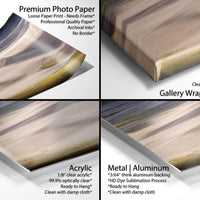 The image is a collage of four different printed materials, including a premium photo paper, a loose paper print, a gallery-wrapped canvas, and a metal/aluminum print. Each material has distinct characteristics and uses, such as the premium photo paper for high-quality prints, the loose paper print for archival inks, the gallery-wrapped canvas for hanging, and the metal/aluminum print for cleaning with a damp cloth.