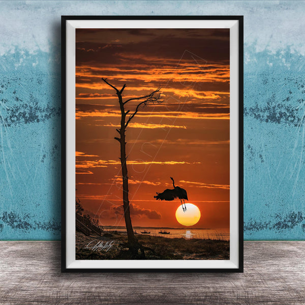 a serene sunset over a body of water, with a silhouetted tree and a bird flying in the foreground.