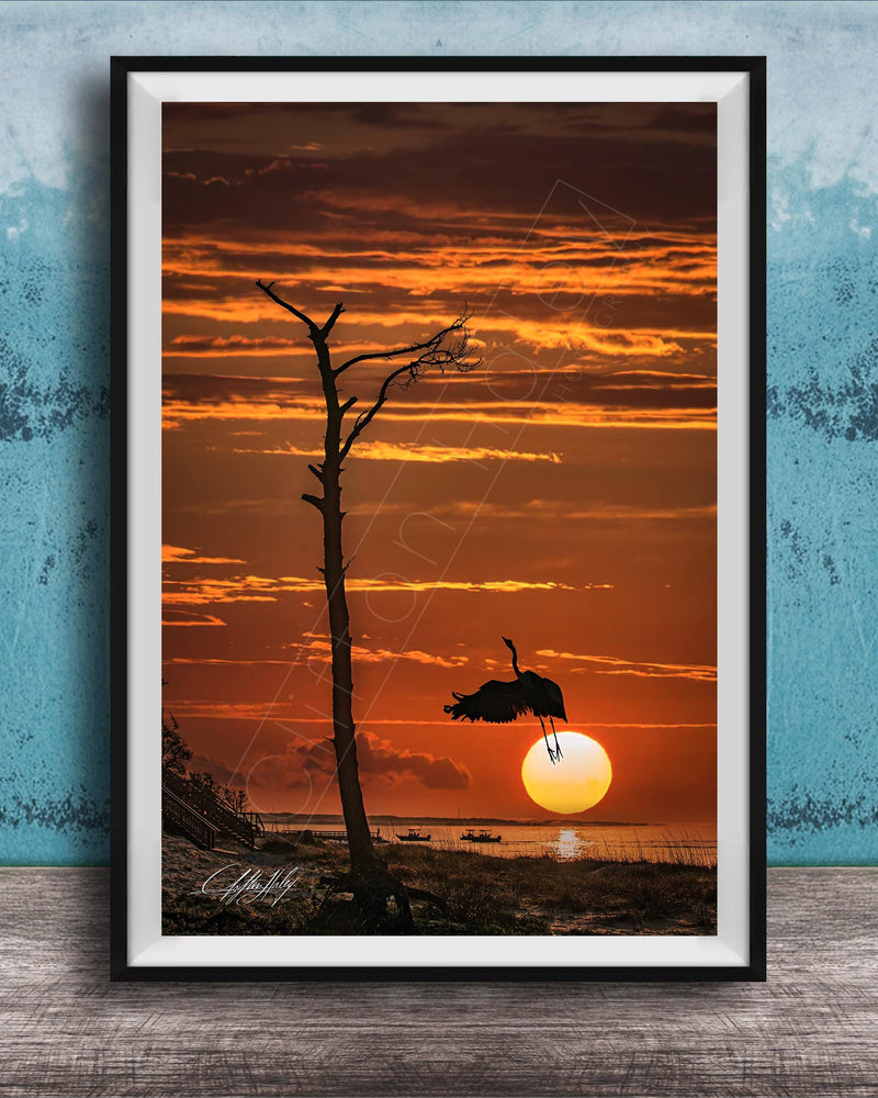 a serene sunset over a body of water, with a silhouetted tree and a bird flying in the foreground.