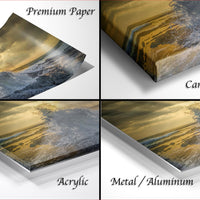 The image is a collage of four different views of a sunset over a beach, with each view represented by a different material: premium paper, canvas wrap, acrylic, and metal/aluminum.