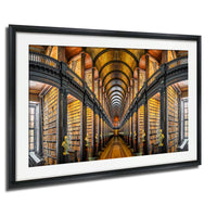 a grand library with a long, arched hallway lined with numerous bookshelves on both sides. The walls are made of wood, and the ceiling features a series of arches, creating a visually striking and spacious atmosphere.