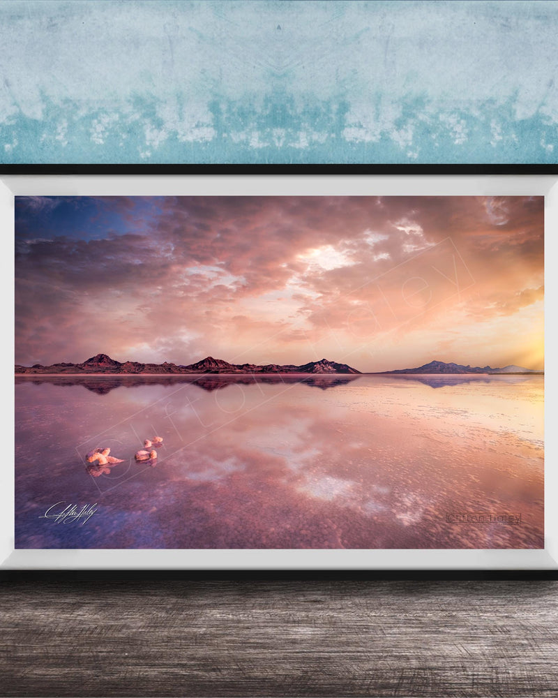 Bonneville Salt Flats Print – Pink Sunrise Photo Print With Mirror Reflection Art