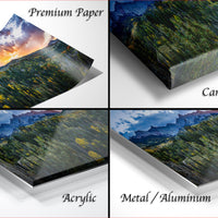 The image is a collage of four different images, each depicting a landscape scene. The images are labeled as "Premium Paper", "Canvas Wrap", "Acrylic", and "Metal/Aluminum".