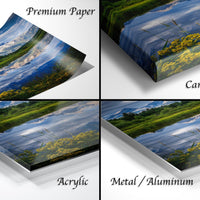 The image is a collage of four different images, each depicting a landscape scene. The images are labeled as "Premium Paper", "Canvas Wrap", "Acrylic", and "Metal/Aluminum".