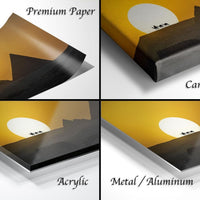 The image is a collage of four different images, each depicting a sunset landscape. The images are labeled as "Premium Paper", "Canvas Wrap", "Acrylic", and "Metal/Aluminum".