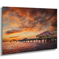 Clearwater Beach aerial photo, Florida pier wall art, sunset over Gulf of Mexico, Tampa Bay drone print, coastal home decor photography, aerial view Clearwater Pier, Florida sunset wall hanging, Gulf Coast pier artwork, Clearwater sunset photograph, drone photo of Pier 60 at dusk, ocean landscape fine art print, Florida seascape wall decor