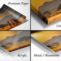 The image is a collage of four different views of a landscape, including a close-up of a canvas wrap, a close-up of a premium paper, and a close-up of a metal or aluminum surface.
