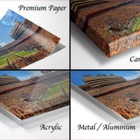 The image is a collage of four different images, each depicting a large stadium filled with spectators. The images are labeled as "Premium Paper", "Canvas Wrap", "Acrylic", and "Metal/Aluminum".