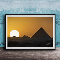 Giza Pyramids Art Print-Sunset Desert Scene With Camel Silhouette