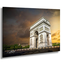 the Arc de Triomphe, a famous monument in Paris, France, with a dramatic sky in the background.