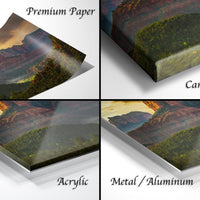 The image is a collage of four different views of a landscape, including a premium paper print, a canvas wrap, an acrylic print, and a metal/aluminum print.