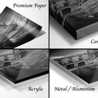The image is a collage of four different images, each depicting a building, with labels indicating the type of material used to print the artwork.