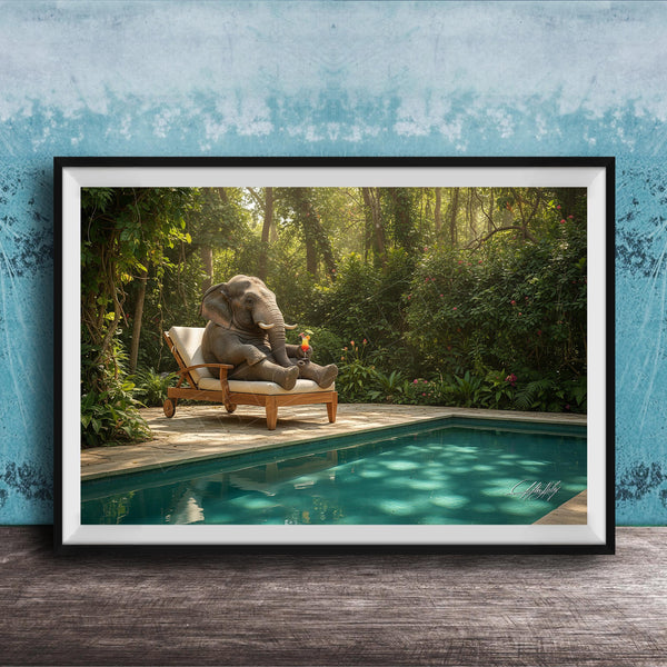 A large elephant sits on a wooden lounge chair in a lush, green forest, with a swimming pool in the foreground.