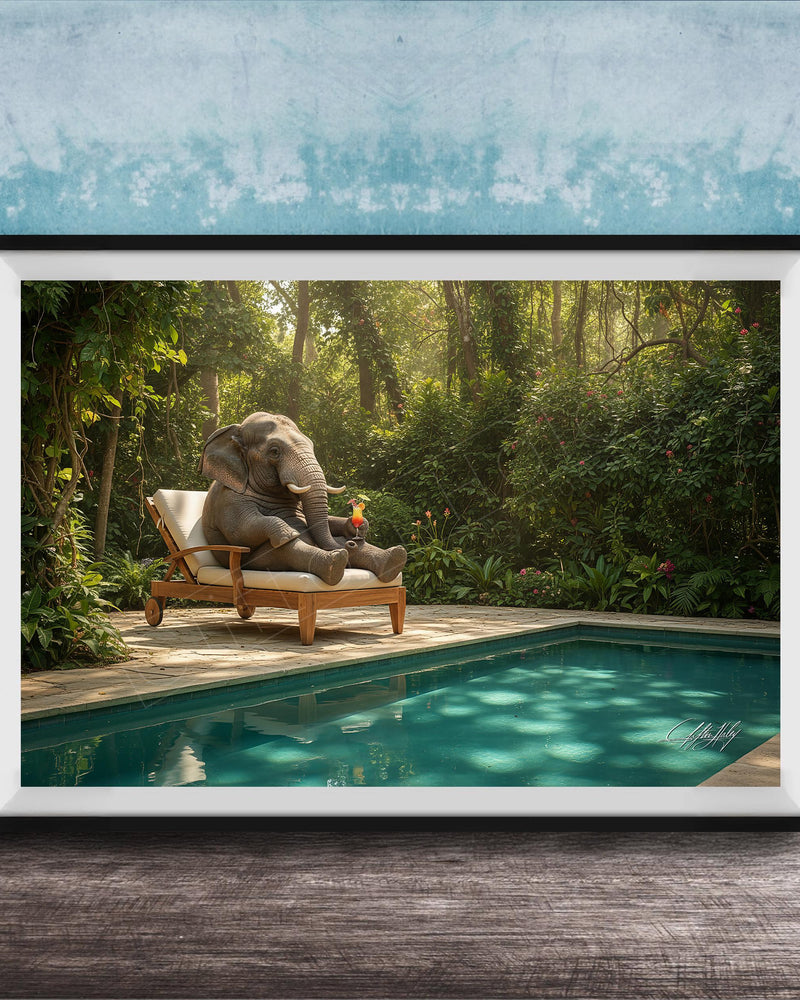A large elephant sits on a wooden lounge chair in a lush, green forest, with a swimming pool in the foreground.