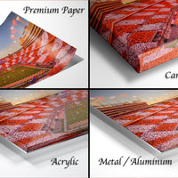 four different views of a printed canvas or paper with a red and white checkered pattern, likely representing a stadium or sports field.