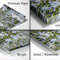 four different views of a landscape photograph printed on various materials, including premium paper, canvas wrap, acrylic, and metal/aluminum.