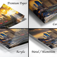 The image is a collage of four different views of a cityscape at sunset, with the city's skyline and buildings illuminated by the warm, golden light of the setting sun.
