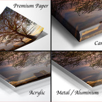 The image is a collage of four different images, each depicting a landscape scene with a tree and a sunset. The images are labeled as "Premium Paper", "Canvas Wrap", "Acrylic", and "Metal/Aluminum".