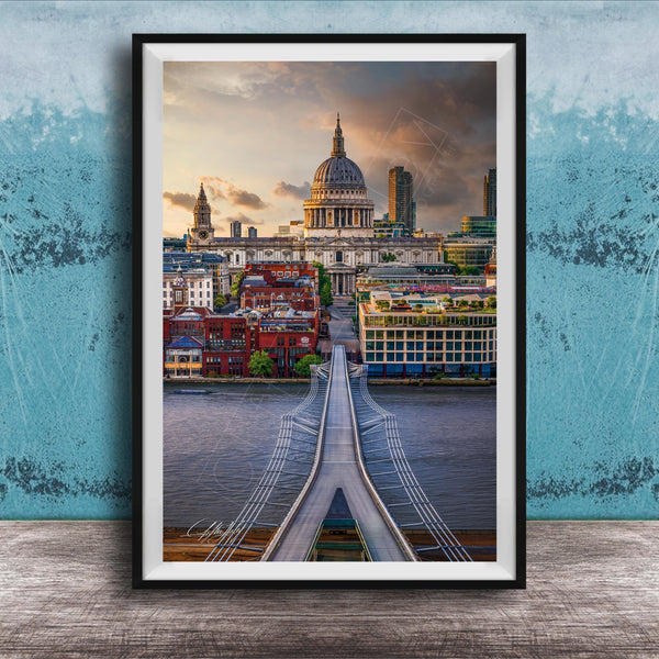 a cityscape with a bridge spanning across a river, surrounded by tall buildings and a domed structure, likely a cathedral or other significant landmark.