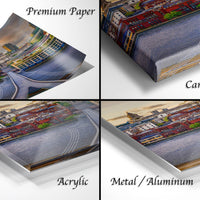 The image is a collage of four different views of a cityscape, each with a distinct perspective and angle. The collage includes a close-up view of the city's skyline, a panoramic view of the city, a side view of the city, and a top-down view of the city. The collage is labeled as "Premium Paper", "Canvas Wrap", "Acrylic", and "Metal/Aluminum" to describe the materials used in the artwork.