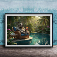 A whimsical scene featuring a rhinoceros sitting in a wicker chair by a pool, surrounded by lush tropical foliage and flowers.