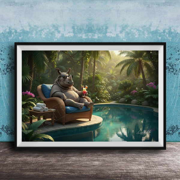 A whimsical scene featuring a rhinoceros sitting in a wicker chair by a pool, surrounded by lush tropical foliage and flowers.