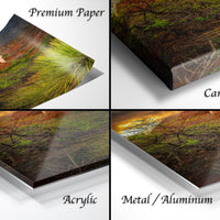 The image is a collage of four different types of print materials, including premium paper, canvas wrap, acrylic, and metal/aluminum.
