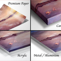 The image is a collage of four different views of a landscape photograph, each with a different frame or perspective. The text labels the different types of materials used to display the photograph, including "Premium Paper", "Canvas Wrap", "Acrylic", and "Metal/Aluminum".