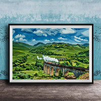 A framed painting depicting a scenic landscape with a curved stone bridge spanning a valley, surrounded by rolling hills and lush greenery.