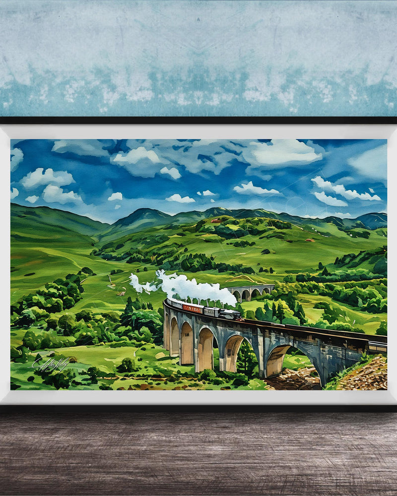 A framed painting depicting a scenic landscape with a curved stone bridge spanning a valley, surrounded by rolling hills and lush greenery.