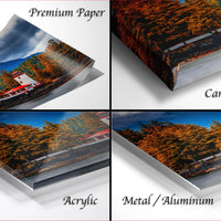 The image is a collage of four different images, each depicting a scenic landscape with a house and trees. The images are labeled as "Premium Paper", "Canvas Wrap", "Acrylic", and "Metal/Aluminum".