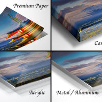 The image is a collage of four different views of a cityscape at sunset, each with a distinct texture and finish. The top left image is a printed photograph on premium paper, the top right image is a canvas wrap, the bottom left image is an acrylic print, and the bottom right image is a metal or aluminum print.