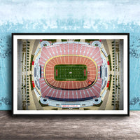 The image is an aerial view of a football stadium, specifically GEHA Field, with a focus on the field and surrounding infrastructure.