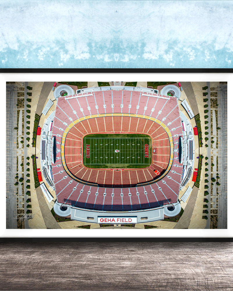 The image is an aerial view of a football stadium, specifically GEHA Field, with a focus on the field and surrounding infrastructure.