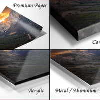 The image is a collage of four different views of a landscape, including a premium paper print, a canvas wrap, an acrylic print, and a metal/aluminum print.
