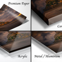 The image is a collage of four different views of a castle at sunset, each with a different finish: premium paper, canvas wrap, acrylic, and metal/aluminum.