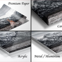 The image is a collage of four different types of prints or prints, including a premium paper print, a canvas wrap, an acrylic print, and a metal/aluminum print.