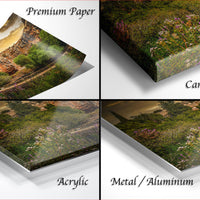 The image is a collage of four different images, each depicting a landscape scene. The images are labeled as "Premium Paper", "Canvas Wrap", "Acrylic", and "Metal/Aluminum".