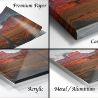 The image is a collage of four different views of a landscape photograph, including a close-up of the paper or canvas, a close-up of the metal or aluminum, and a close-up of the acrylic.